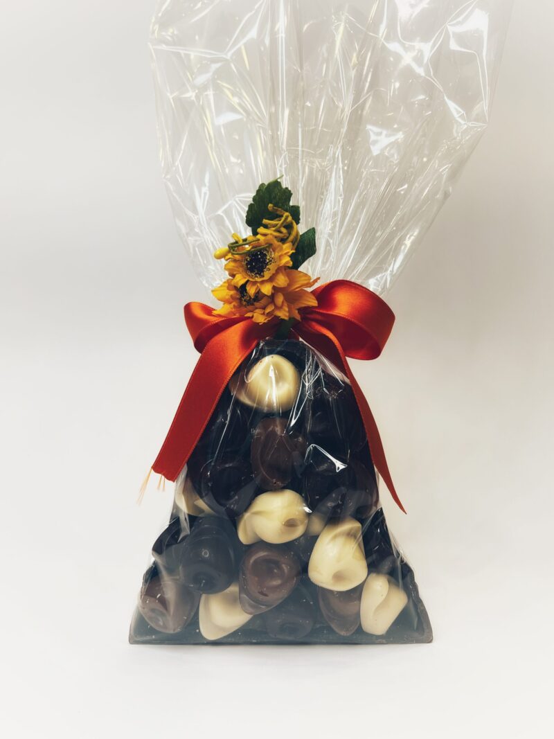 MEZZA CAMPANA DI CIOCCOLATO FONDENTE RIPIENA DI TORTELLINI